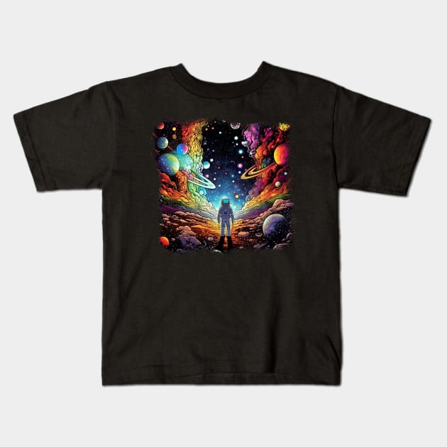 Surrealist space artwork with planets Kids T-Shirt by Unelmoija